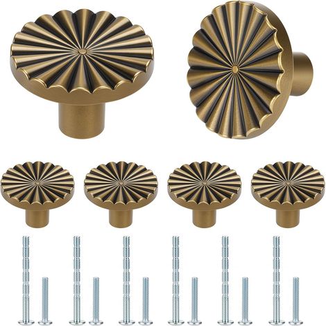 Lot de 6 boutons de placard brossés en laiton vintage, poignées de tiroir sculptées de style européen antique, boutons de placard ronds rétro avec vis, poignée de porte pour garde-robe (1/5)