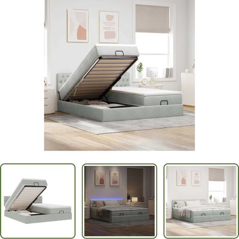 vidaXL LED-Beleuchtung - Ottoman-Bett mit Matratzen & LEDs Hellgrau 160x200 cm Samt (1/5)