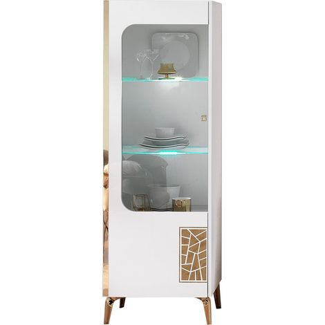 SAFARY - Vitrine 1 Porte Gauche Laquée Blanc et Or Décor Sérigraphié (1/3)