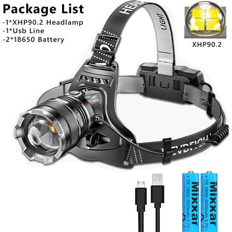 (F-XHP90.2-FR) Lampe frontale améliorée 30 000 lm avec capteur, lampe de pêche XHP90, lampe torche rechargeable USB avec batterie 18650 (1/5)