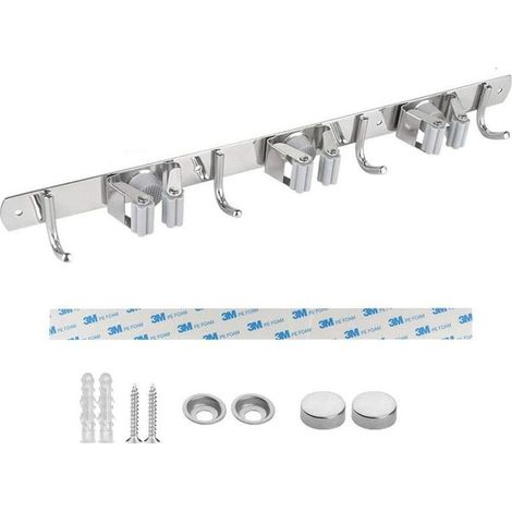 Porte Balai Mural, Acier Inoxydable, Porte Balai Adhésif avec Crochet, Armoire à Balai Multifonctionnelle pour Cuisine, Jardin, Salle de Bains, Garage, Balcon, Bureau (1/5)