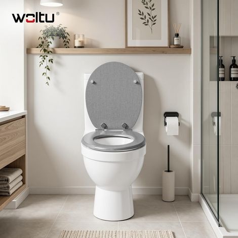 WOLTU Wooden Toilet Seat with Soft Close Hinge, Grey Linen (1/5)