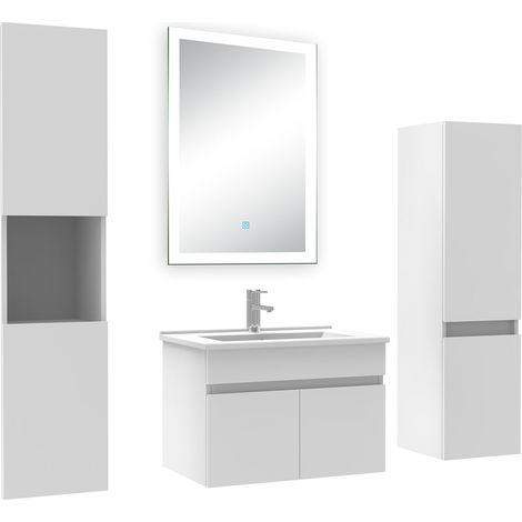 Ocean Ensemble meuble Salle de Bain 60cm simple vasque avec colonne + miroir lumineux dimmable blanc (1/5)