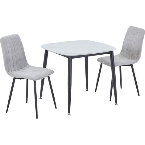 Aspen Gloss White Sintered Stone Square Table & 2 Light Grey Cord Fabric Chair Set - Metal - L54 x W44 x H88 cm
