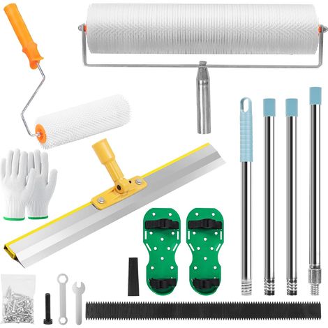 Rouleau Debulleur Ragreage,Kit D'outils de Ciment Autonivelant Rouleau Débulleur Double Avec Dents 1,2", Raclette 56 Cm, Chaussures Clous 3 cm,Manche Télescopique 68" En 4 Sections, Gants (1/5)