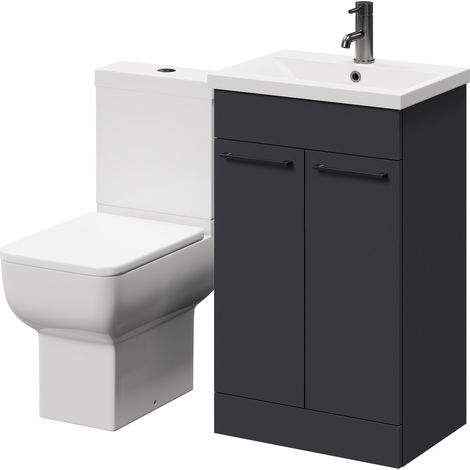 Wholesale Domestic Alessio Gloss Grey 500mm Vanity Unit and Toilet Suite including Open Back Toilet and Floor Standing Vanity Unit with 2 Doors and Gunmetal Grey Handles (1/5)