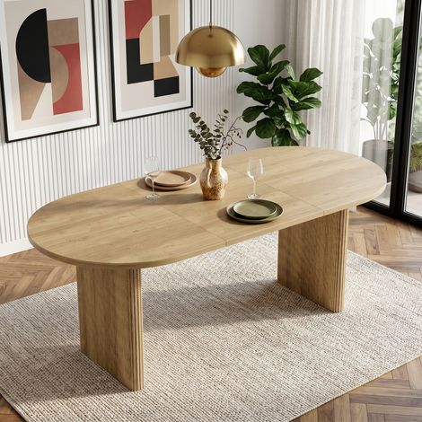 Table à manger extensible 140-200x90x75 cm, 6 à 8 places, plateau MDF 3 cm, bords arrondis, pieds cannelés à mouvement synchronisé, effet chêne (1/5)