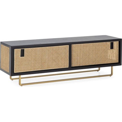 Meuble TV /Audio 160 x 42 x 52 cm Bois, Rotin, Métal - Noir, Naturel, Doré (1/4)