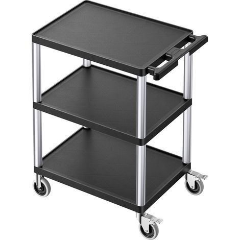 Chariot utilitaire, capacité 300 lbs, 3 étagères en plastique robuste, roulettes pivotantes 360° (2 avec freins), 27,6 x 18,1 pouces, idéal entrepôt, garage, nettoyage (1/5)