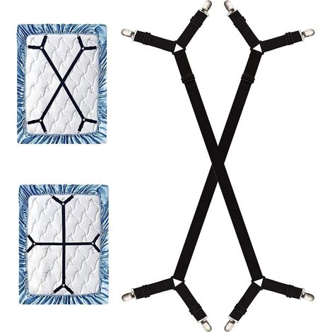 Lot de 2 supports de drap-housse longs réglables avec pinces, tendeur de drap croisé ajustable, convient à tous les matelas carrés - Noir