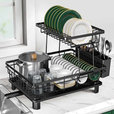 Grand égouttoir à Vaisselle à 2 Niveaux en Acier Inoxydable pour comptoir de Cuisine, égouttoir à Vaisselle Durable avec égouttoir, Porte-ustensiles pour Divers ustensiles de Cuisine, Noir (1/5)