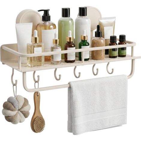 Suction Cup Shower Shelf, No Drilling Required, White, 5 kg, Aluminum, High Load Capacity, Bathroom Shelf with 4 Hooks, Shower Organizer for Kitchen, Bathroom (1/5)