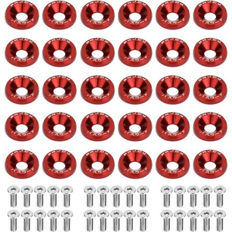 30 Paires M6 Rondelle Anodisé en Aluminium et Vis M620mm en Acier Inoxydable, Rondelle Aluminium Anodisé Carénage, Rondelle de Pare-chocs pour Pare-Chocs Garde-Boue de Voiture (Rouge) (1/4)