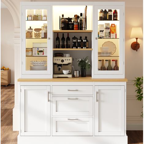 Credenza da cucina in MDF con LED RGB, 3 cassetti e ripiani regolabili, bianca, 140x40x185 cm (1/5)