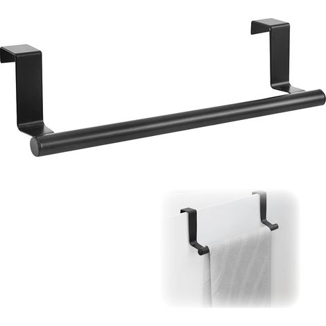 Portasciugamani sopra la porta, porta strofinacci in acciaio inox, porta strofinacci da cucina, da appendere (non è necessario forare) per appendere gli asciugamani, lungo 23 cm, nero