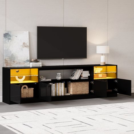 Modernluxe - Meuble TV laqué brillant 180x35x60 cm - avec éclairage LED - 4 portes et 8 compartiments de rangement - Noir (1/5)