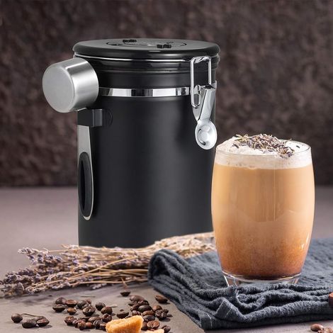 Contenitore ermetico in acciaio inox da 1,8 litri con indicatore di cialda e data di scadenza, per conservare i chicchi di caffè. Colore: nero. (1/5)