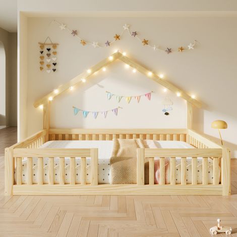 Kinder-Hausbett 140 x 200 cm aus Holz, Natur, LED, mit Rausfallschutz – MEUBLIV (1/5)