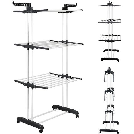 Séchoir à linge 3 niveaux inox，étendoir pliable ailes latérales，noir-blanc (1/5)