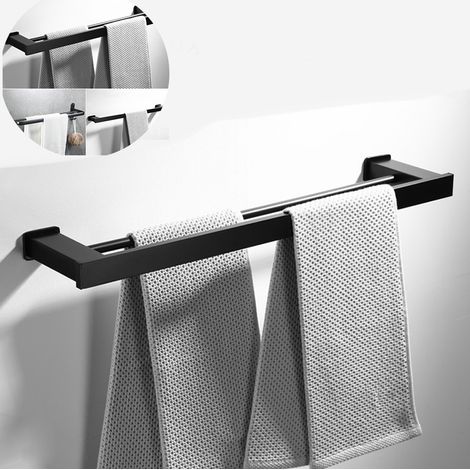 Porte-serviettes double barre de 40 cm, fixation adhésive ou sans perçage, aluminium noir, accessoires de salle de bain. Ce porte-serviettes est un accessoire moderne et pratique pour organiser votre (1/4)