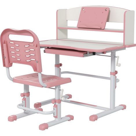 ZONEKIZ Banco Scuola Bambini 6-12 Anni con Sedia Regolabile e Cassetto Rosa