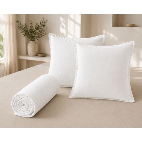 Parure Drap Housse 140 x 190 cm + 2 Taies 60x60 cm 100% Lin Français - Craie (1/4)