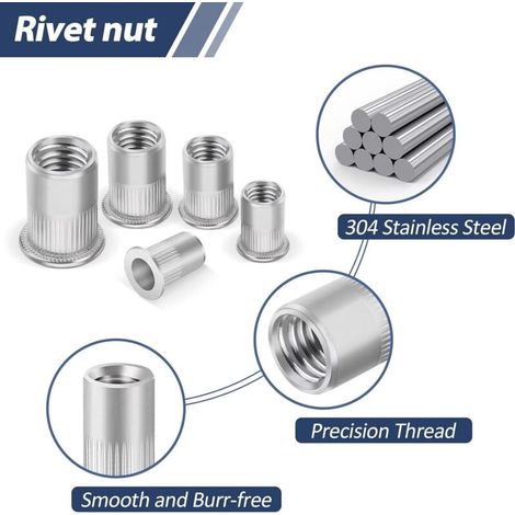 10 Pièces Insert M10, Écrous à Sertir Rivet Fileté, Écrou de Rivet Fileté en Acier Inoxydable Tête Plate Ecrou, Rivet Inserts Filetés Pour Métriques, Écrous à Riveter Aveugle Rivet Fileté (1/4)