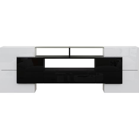 Meuble tv 200 cm blanc et noir brillant avec led et plateau en verre, design moderne pour salon
