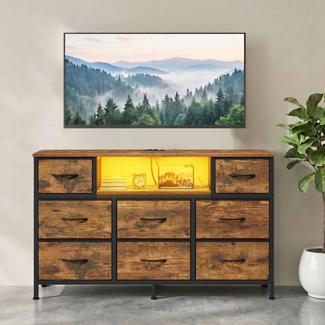 Commode avec 8 Tiroirs, Support TV avec LED et Multiprise, 114 x 30 x 67 cm, Marron Rustique (1/5)