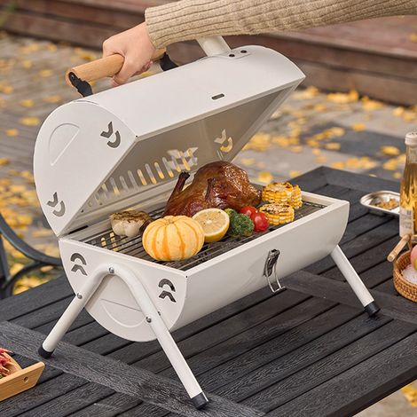 Barbecue à charbon de bois portable sans fumée, double face, en métal, blanc, idéal pour le camping, les pique-niques et les fêtes. (1/5)