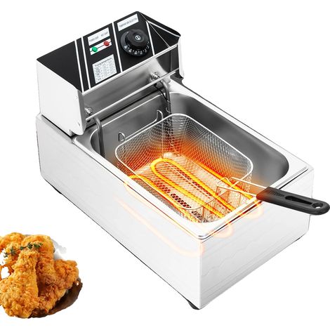 Freidora, 2500 W de potencia, 6 L de capacidad, rango de temperatura de 60-200 °C, construcción de acero inoxidable, protección contra sobrecalentamiento. (1/5)