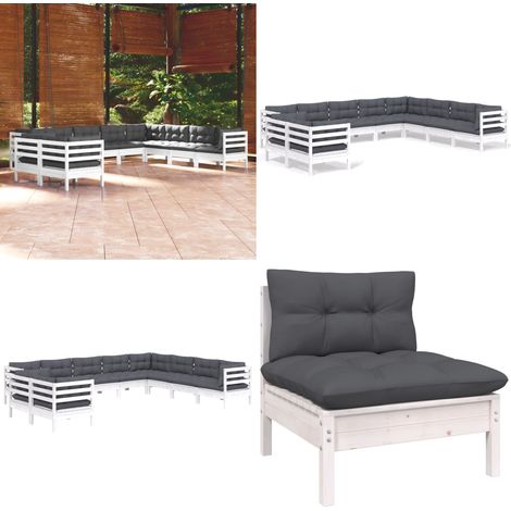 Salon de jardin 10 pcs avec coussins blanc bois de pin massif - Salon De Jardin - Mobilier De Jardin - Ensemble Salon De Patio - Meubles De Terrasse - Chaise Longue - Home & Living (1/5)