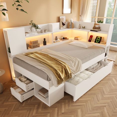 Tagesbett Funktionsbett mit LED-Beleuchtung Einzelbett aus Holzwerkstoff mit USB & Typ-C Ladestation Stauraum Regalen und Schubladen Jugendbett inkl. Lattenrost (ohne Matratze)