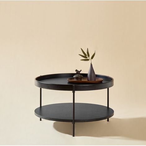 Tavolino rotondo a 2 ripiani 69 x 69 x 38 cm in legno e ferro nero DESVIAE (1/4)