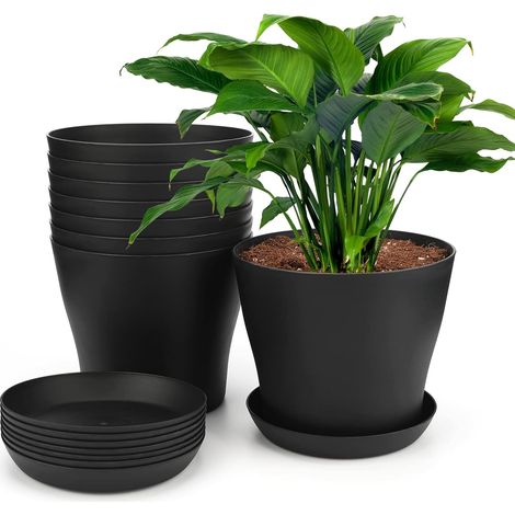 8 x 17 cm Plastic Plant Pots, Indoor Outdoor Pot Covers, Flower Pot with Trays, Suitable for Seedlings, Cactus, Succulents, Orchids, Herbs – Black (1/5)