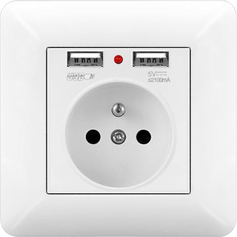 Prise Murale Type 86 Double USB avec Voyant  16A 220-250V 5V 2100mA Blanc  Maison & Bureau (1/2)