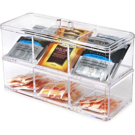 Caja de almacenamiento para escritorio, caja para té, caja de almacenamiento, plástico acrílico transparente, 9 compartimentos, con tapa (1/5)