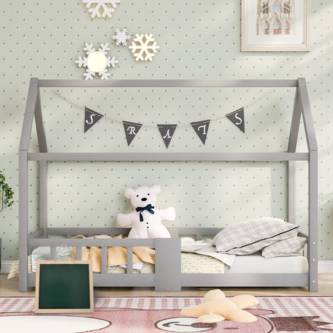 Letto per bambini in legno massello grigio 90x200 cm con rete a doghe, struttura a casetta, lavagna e barriera anticaduta (1/5)