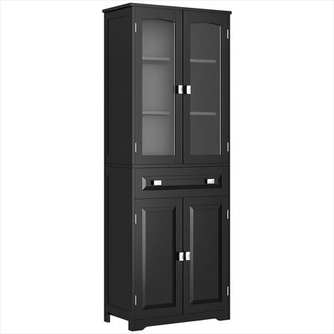 Buffet haut noir en MDF 160 cm, armoire cuisine 4 portes vitrées et tiroir, rangement design (1/5)