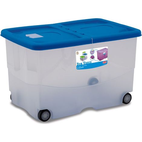Contenitore multiuso box storage cassa conservazione indumenti chiuso h36x60x40 con ruote coperchio blu doppia apertura taschine antitarme