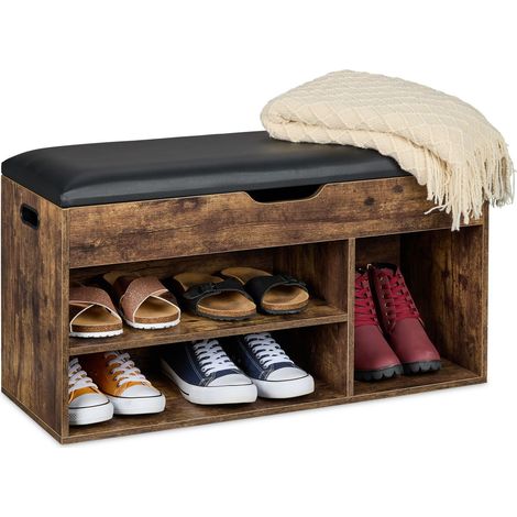 Relaxdays Schuhbank, Sitzbank mit Stauraum, 3 Fächer für Schuhe, HBT: 46x80x30 cm, Polsterbank Industrial, braun/schwarz (1/5)