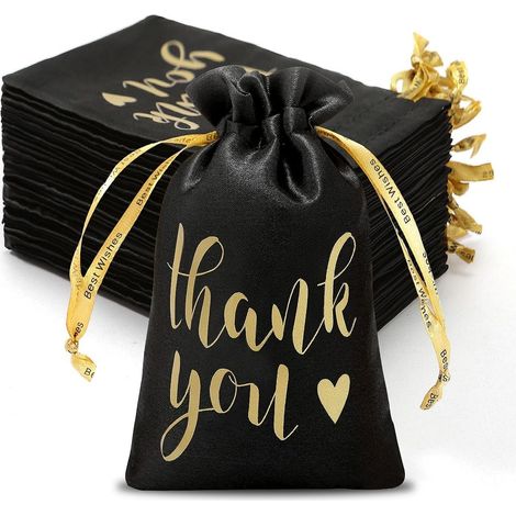 Lot de 50 sacs cadeaux en satin « Merci », sacs à bijoux avec cordon de serrage pour mariages, anniversaires et fêtes (10 x 15 cm) (1/5)