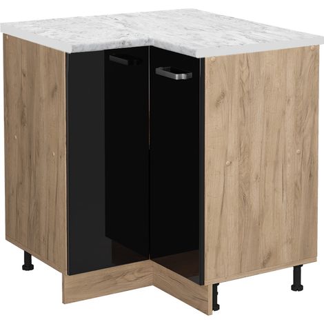Eckunterschrank R-Line, Schwarz Hochglanz, 75.6 cm AP Marmor, Vicco