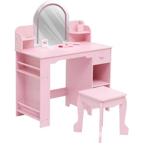 Coiffeuse Princesse avec Miroir Lumineux et Tabouret –Table de Maquillage en Bois +Étagère à Livres,Tiroir et Étages Ouverts-Rose (1/5)