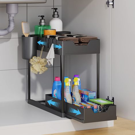 Étagère à épices extensible à 2 étages sous l'évier, avec 2 paniers, organisateur de cuisine, organiseur d'évier, noir, avec 4 crochets et 1 tasse, étagère sous meuble pour plan de travail (1/5)