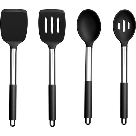 4er-Set Silikon-Küchenspatel mit Edelstahlgriffen – Schwarze Küchenhelfer – Gesund und hitzebeständig – Spülmaschinenfest (1/5)