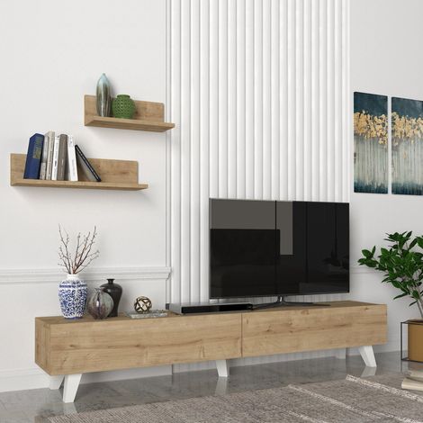 Fernsehtischset Saarijärvi mit 2 Regalen Eiche [en.casa]