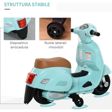 Moto électrique adaptée aux enfants de 18 à 36 mois, livrée avec une plaque d'immatriculation Vespa officielle, un phare et un klaxon, mesurant 66,5 x 38 x 52 cm, et de couleur verte. (1/5)