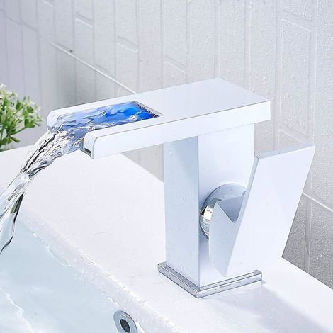 Robinet de salle de bain LED à cascade, robinet cascade lumineux, Robinet de lavabo de salle de bain eau chaude et froide blanc (1/4)