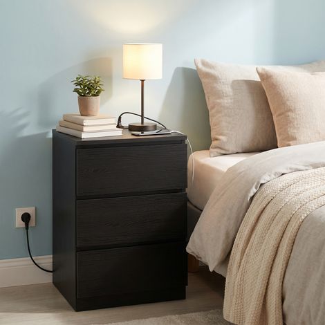 Table de Chevet avec Multiprise, 3 Tiroirs, Prises CA et ports USB, pour Chambre, Salon, Noir (1/4)